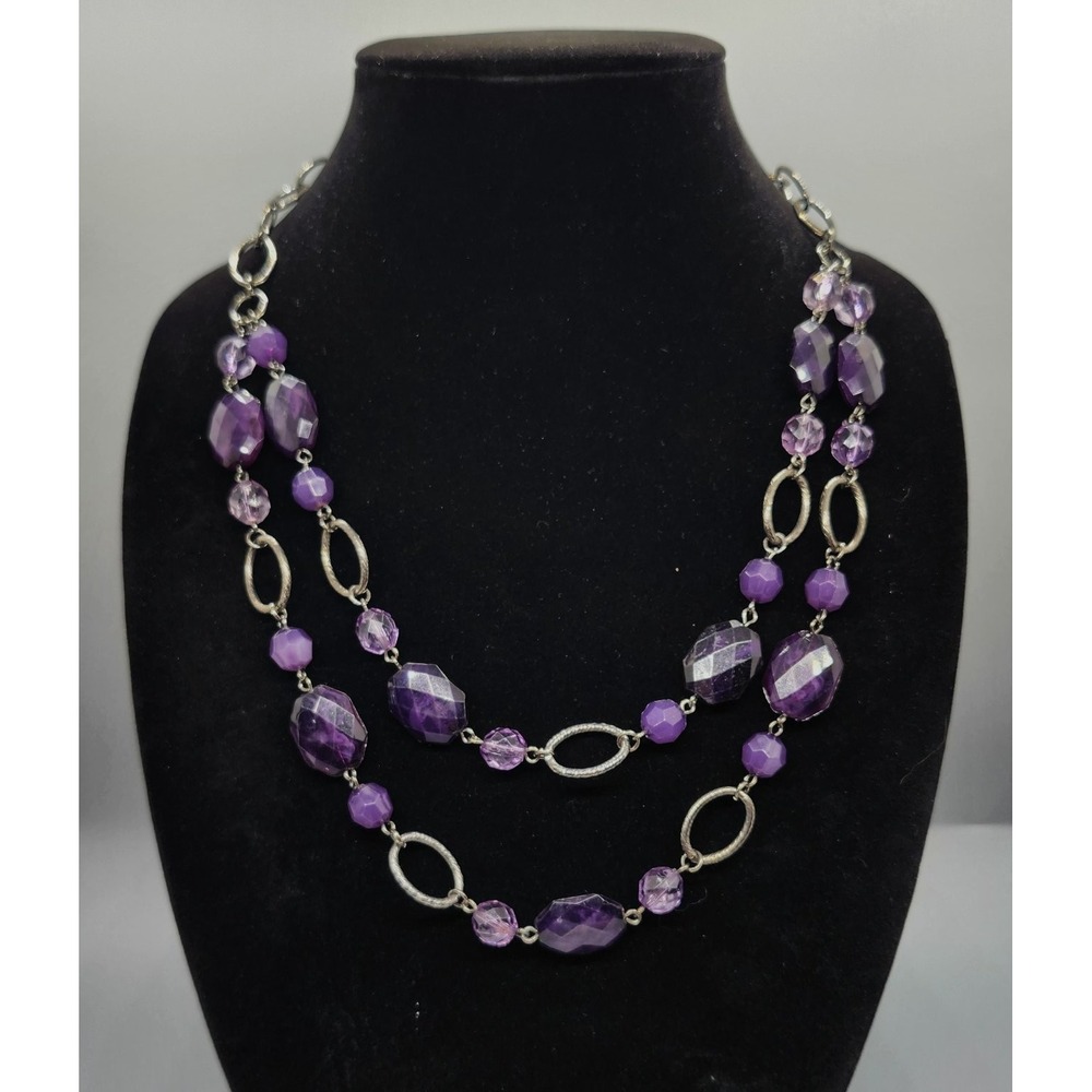 Layered Purple Faceted Bead Statement Necklace Silver Tone Chain Adjustable